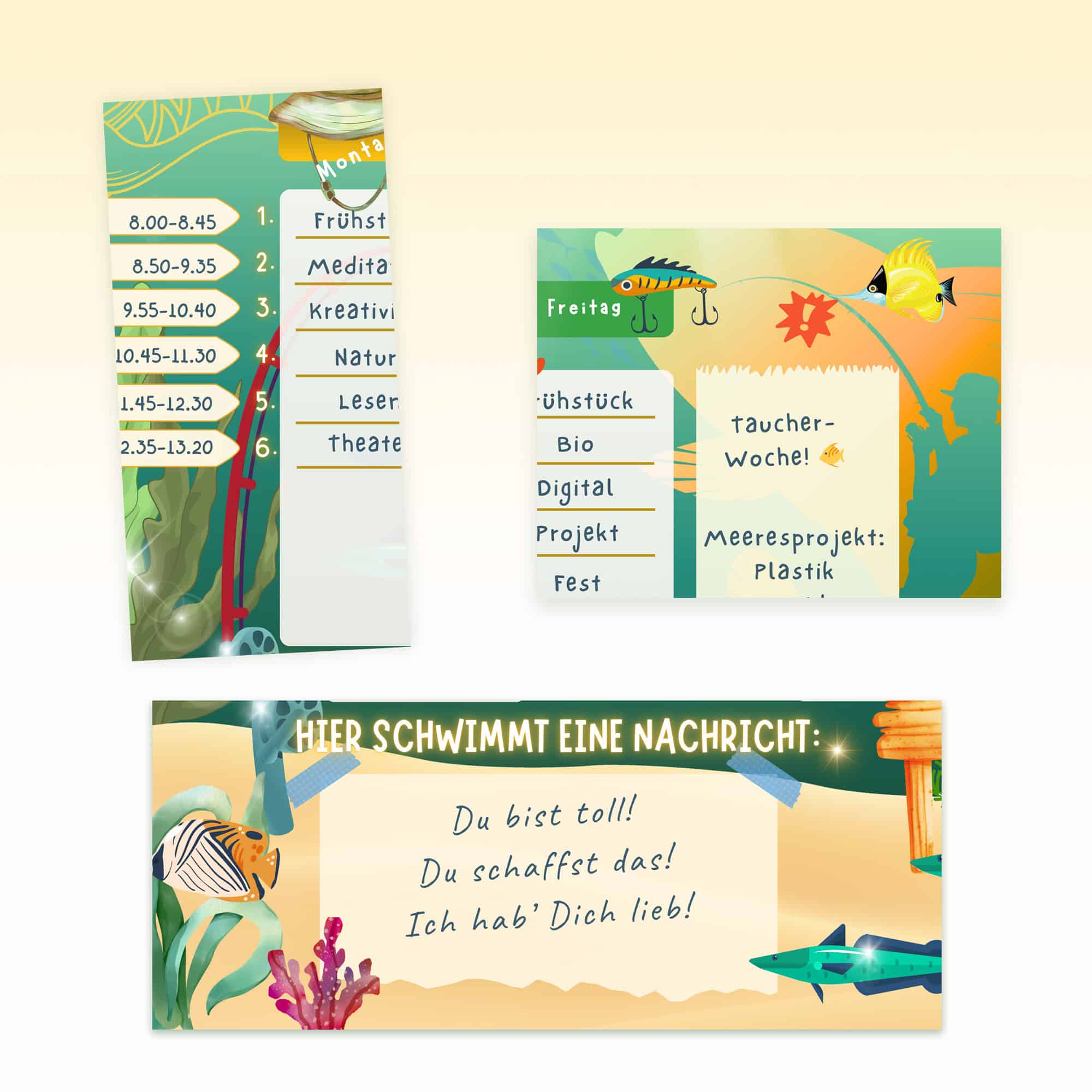 Tabella oraria della felicità del pescatore per bambini con campi per tempo, motivazione e messaggio — Crealumi Angler's Happiness