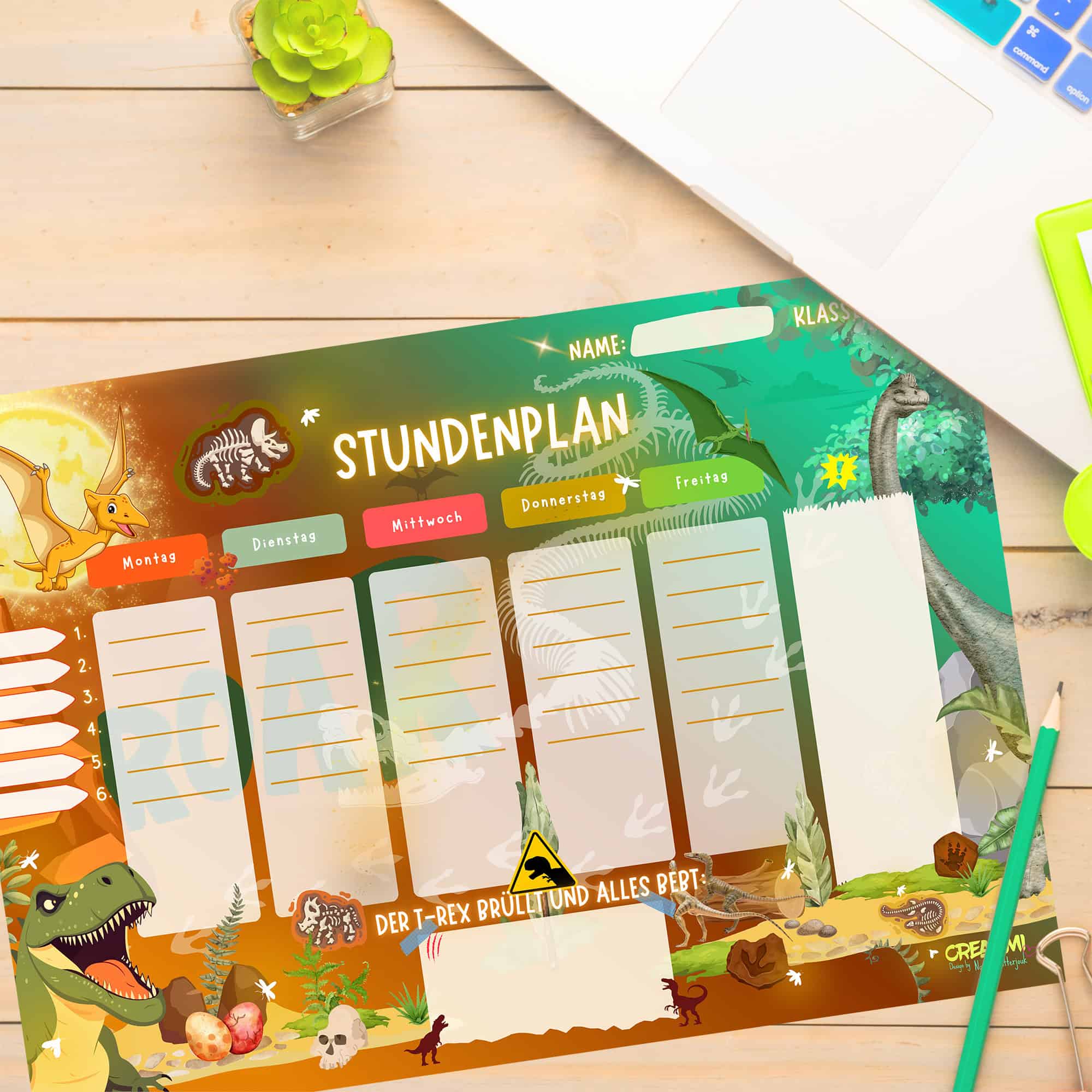 Stundenplan Dinosaurier für Kinder auf dem Schreibtisch — Crealumi Urzeitgebrüll