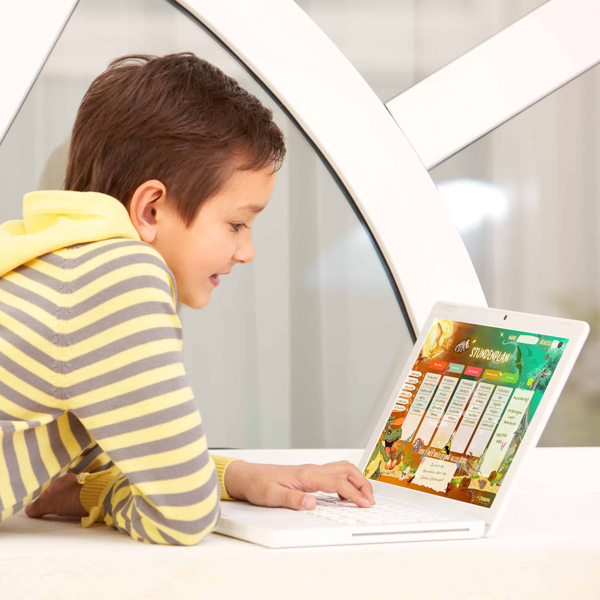 Stundenplan Dinosaurier für Kinder am Tablet — Crealumi Urzeitgebrüll