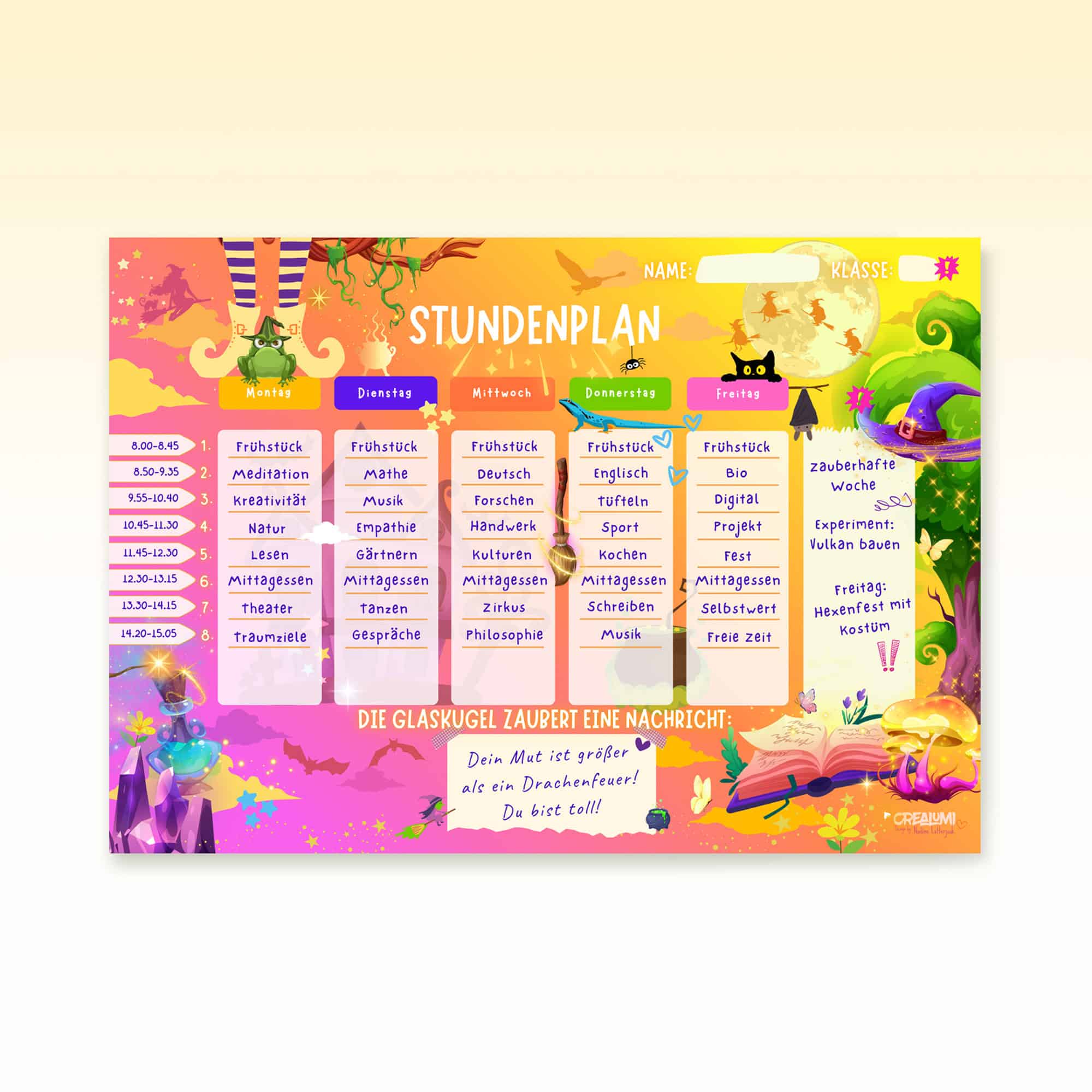 Witch timetable for children filled with 8 school hours — Crealumi Witch Treasure