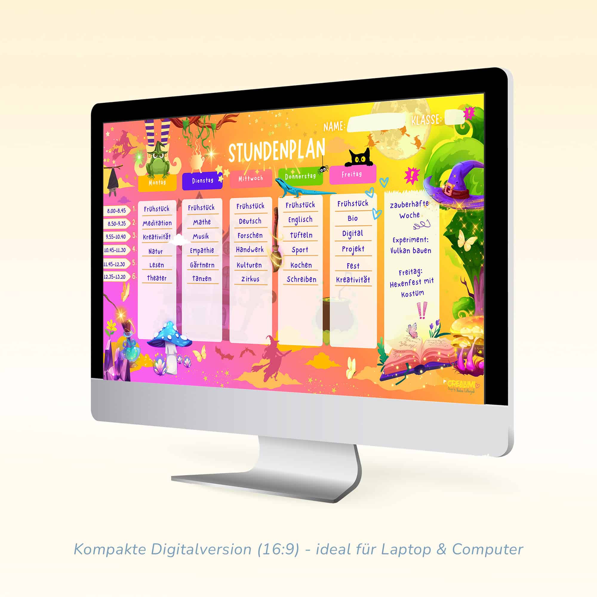 Witch timetable for children as a desktop background in 16:9 format — Crealumi Witch Treasure