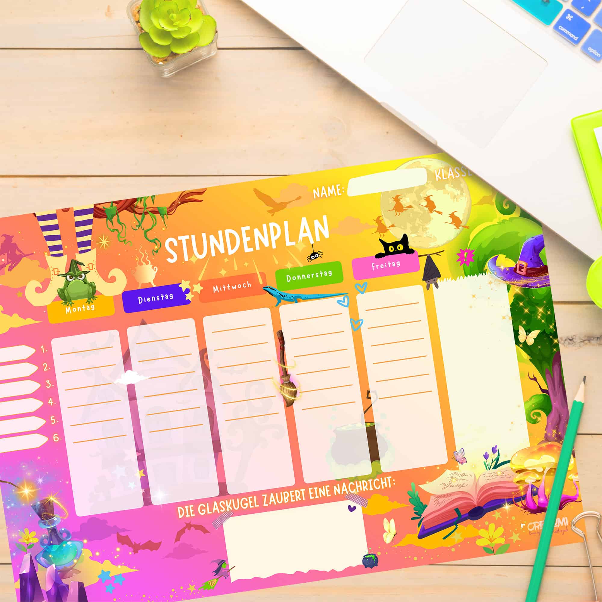 Witch timetable for children on the desk — Crealumi Witch Treasure