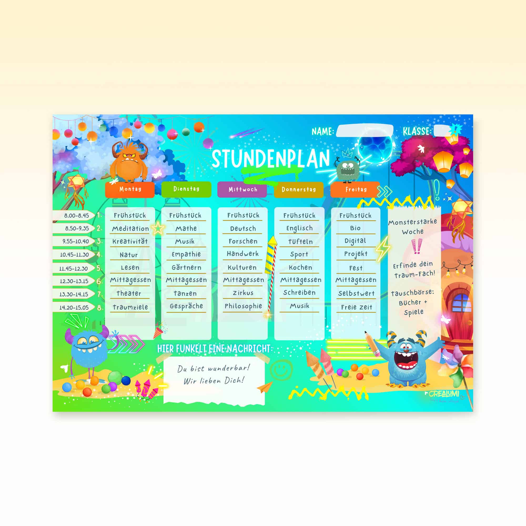 Stundenplan Monster für Kinder ausgefüllt mit 8 Schulstunden — Crealumi Monsterama