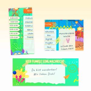 Stundenplan Monster für Kinder mit Zeit-, Motivations- und Nachrichtenfeld — Crealumi Monsterama