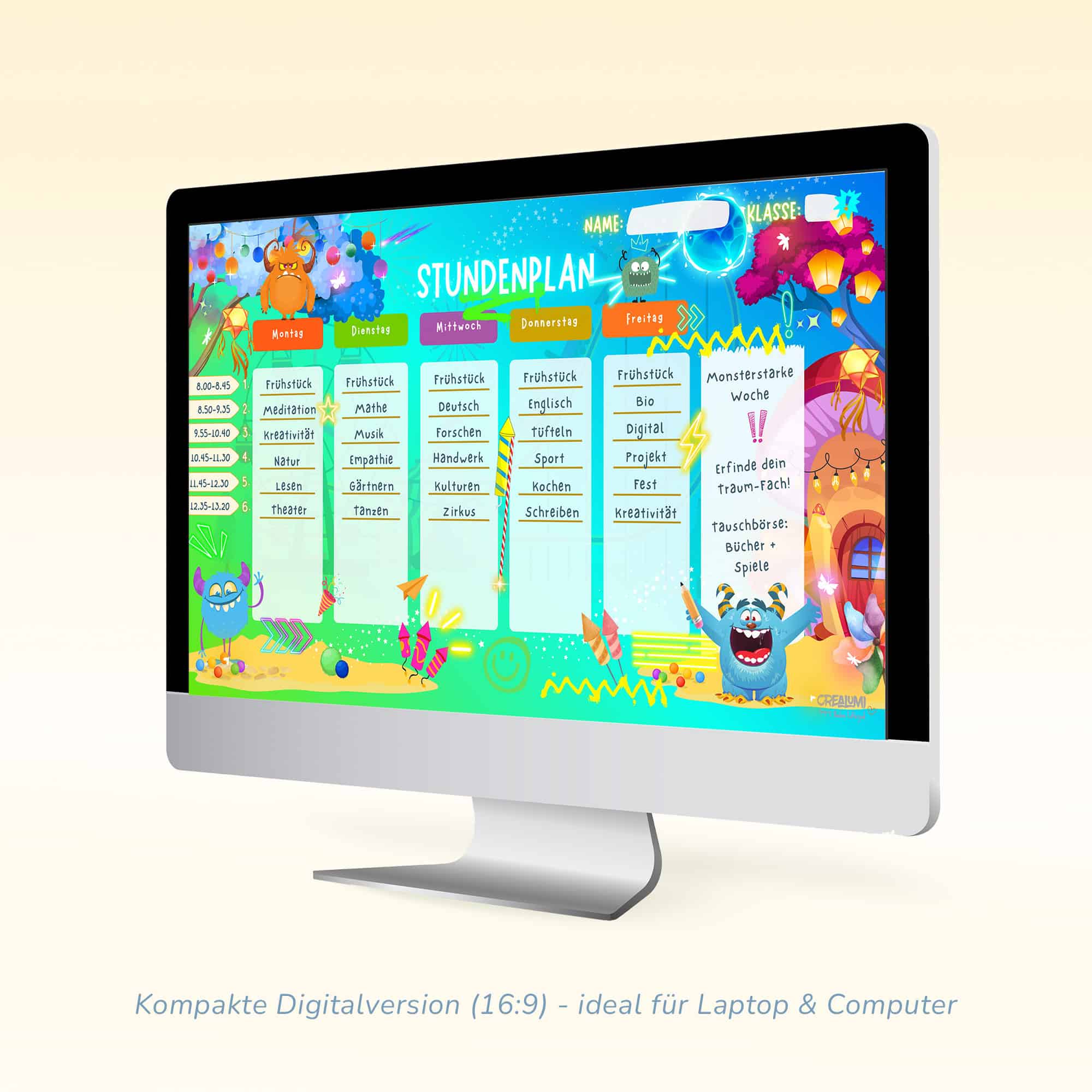 Stundenplan Monster für Kinder als Bildschirmhintergrund im Format 16:9 — Crealumi Monsterama