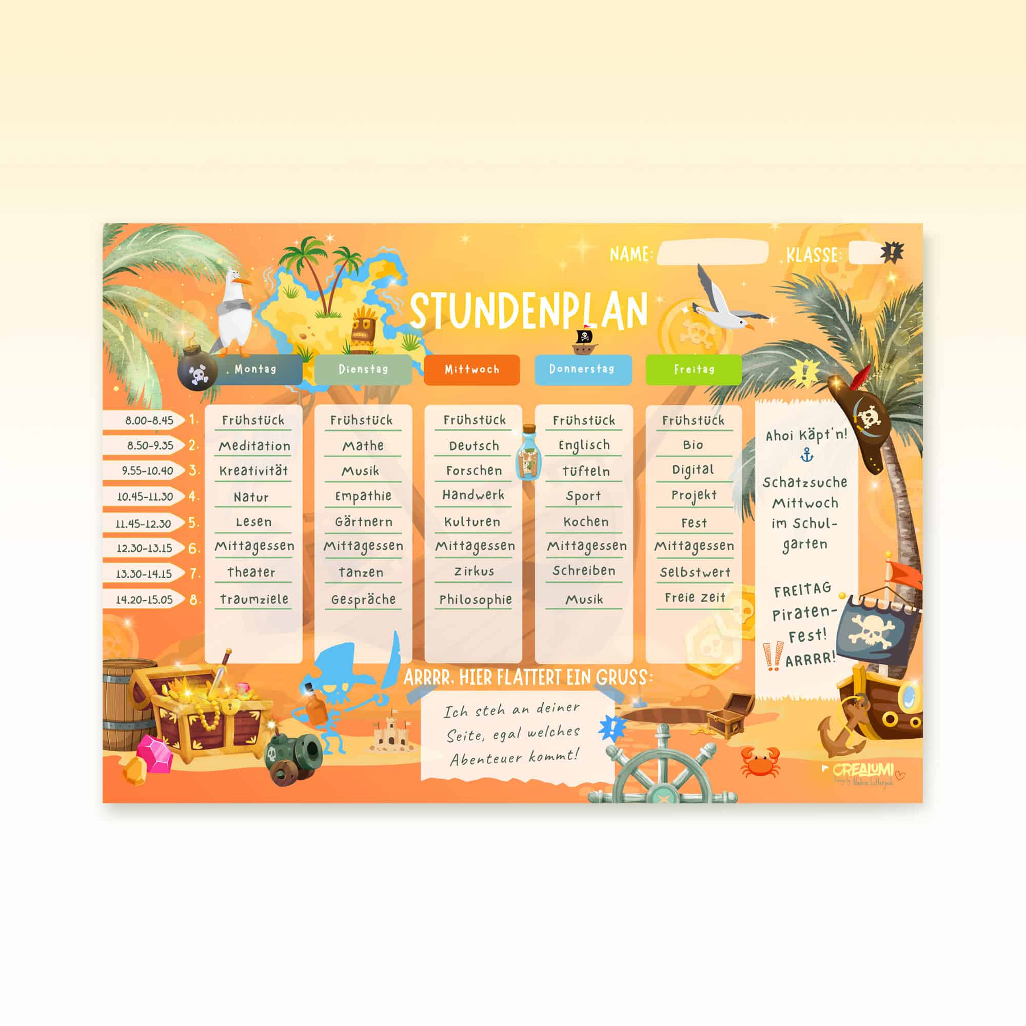 Pirate Timetable for Children filled with 8 school hours — Crealumi Gold and more