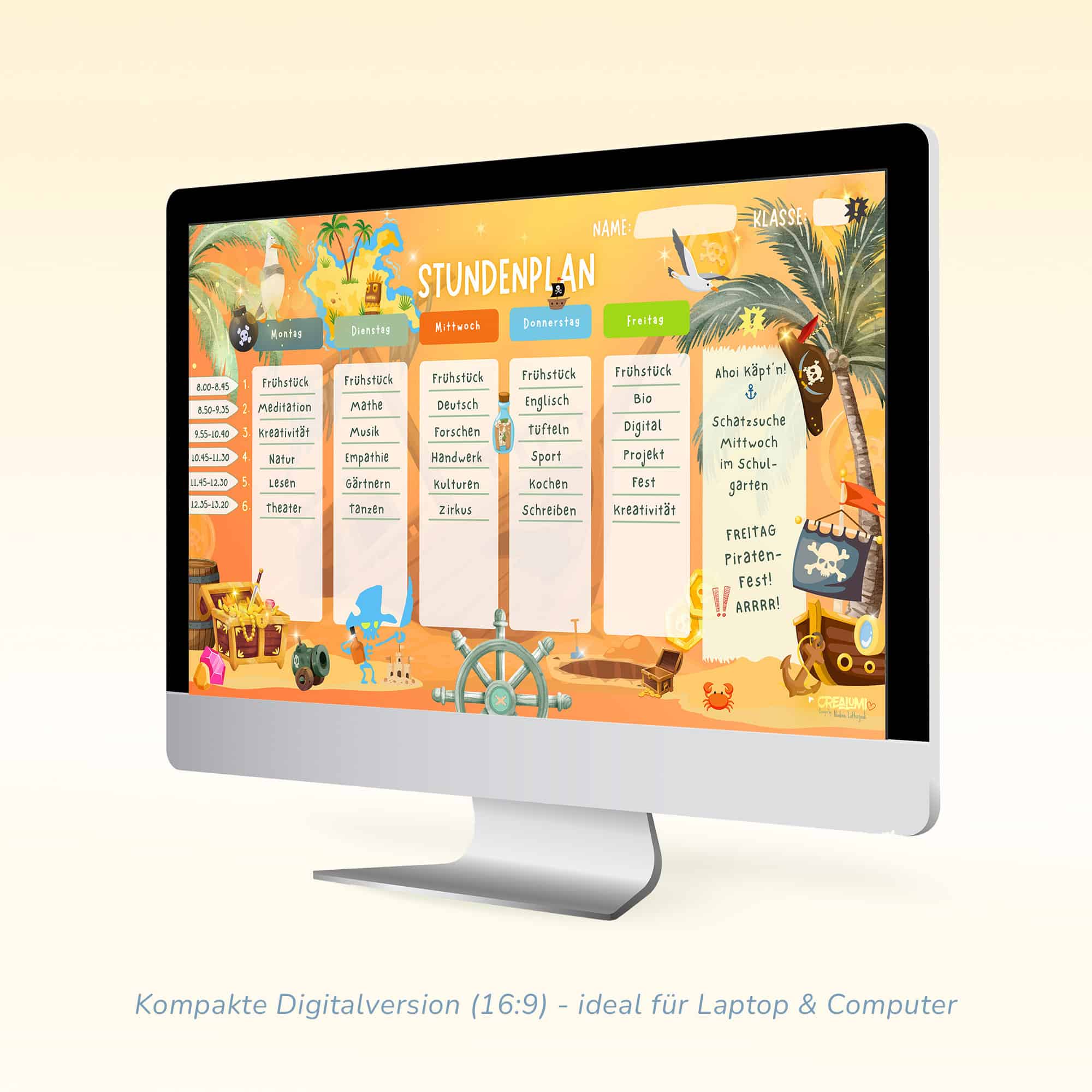 Pirate timetable for children as a desktop background in 16:9 format — Crealumi Gold and more