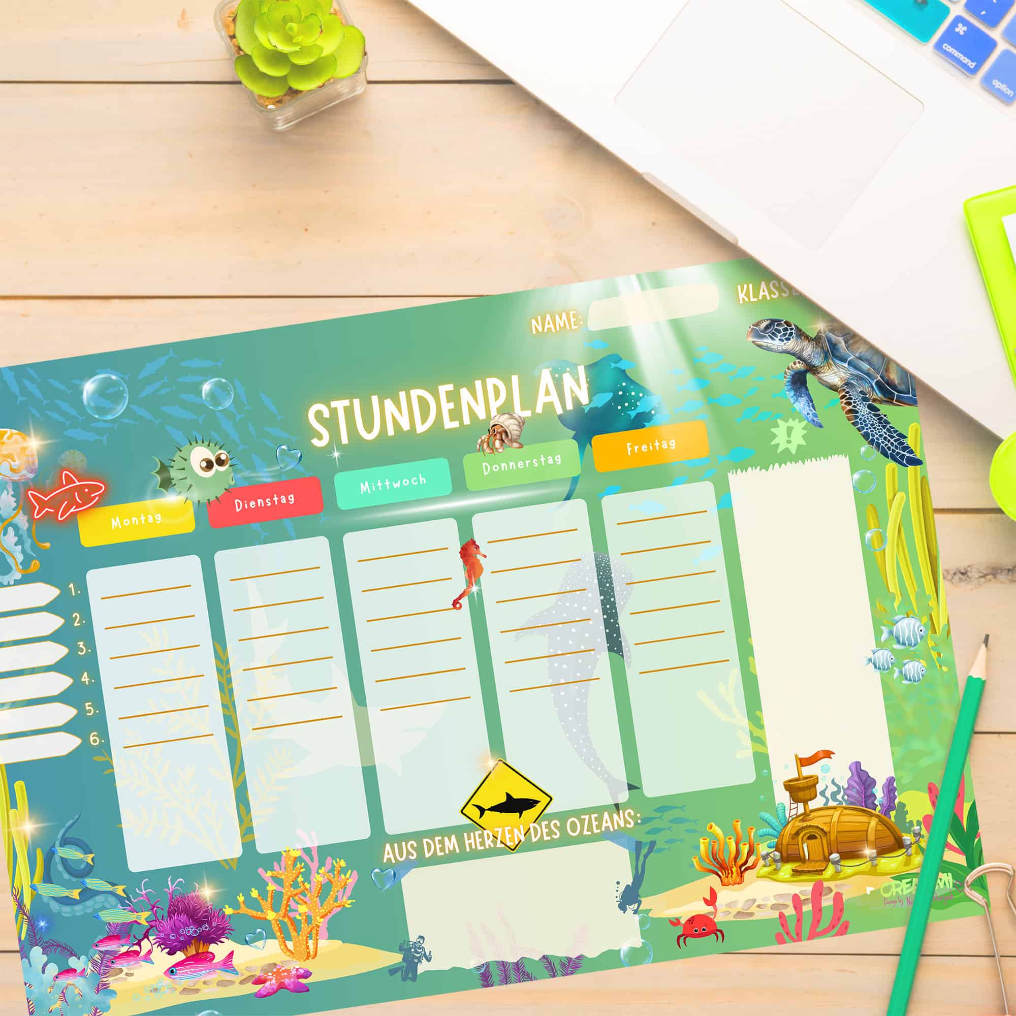 Stundenplan Unterwasser bei Mondschein für Kinder auf dem Schreibtisch — Crealumi Ozeanglimmer