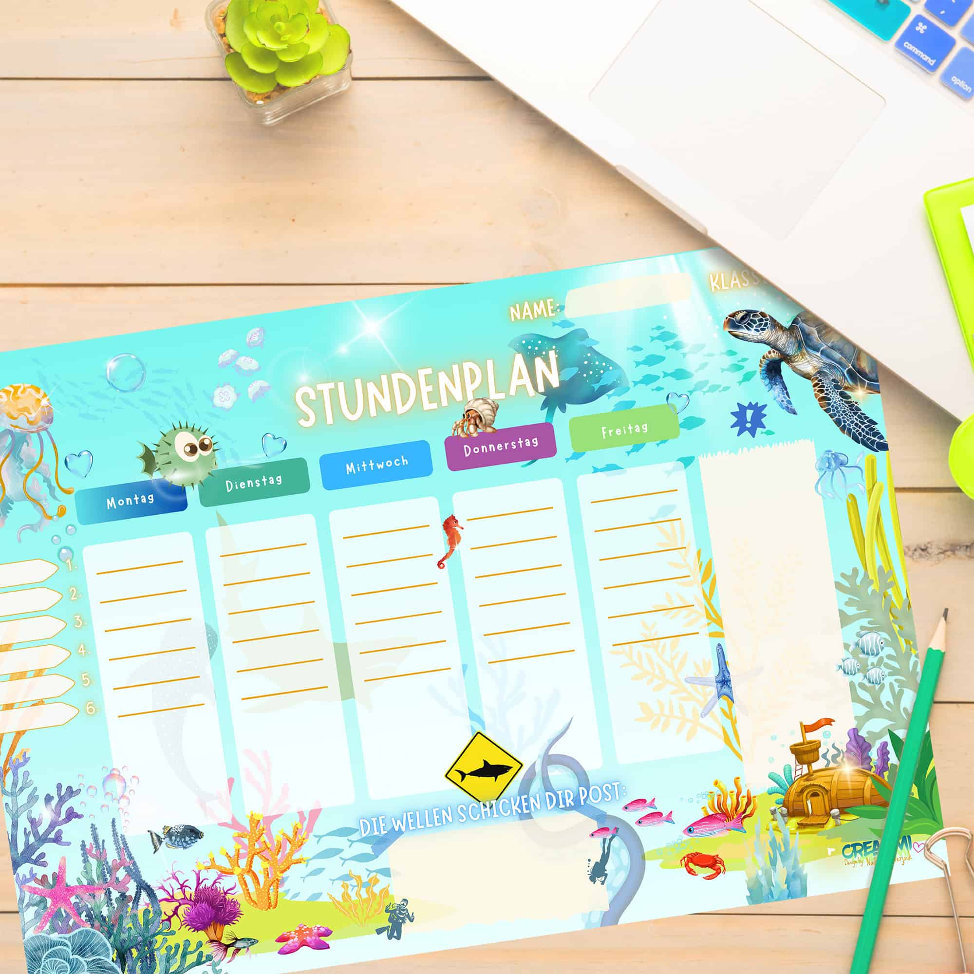 Stundenplan Unterwasser bei Sonnenschein für Kinder auf dem Schreibtisch — Crealumi Ozeanschimmer