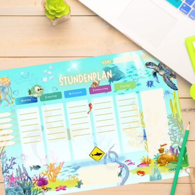 Stundenplan Unterwasser bei Sonnenschein für Kinder auf dem Schreibtisch — Crealumi Ozeanschimmer