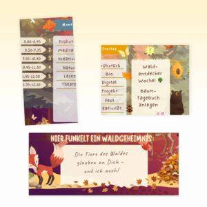 Stundenplan Waldfreunde für Kinder mit Zeit-, Motivations- und Nachrichtenfeld — Crealumi Waldgeknister