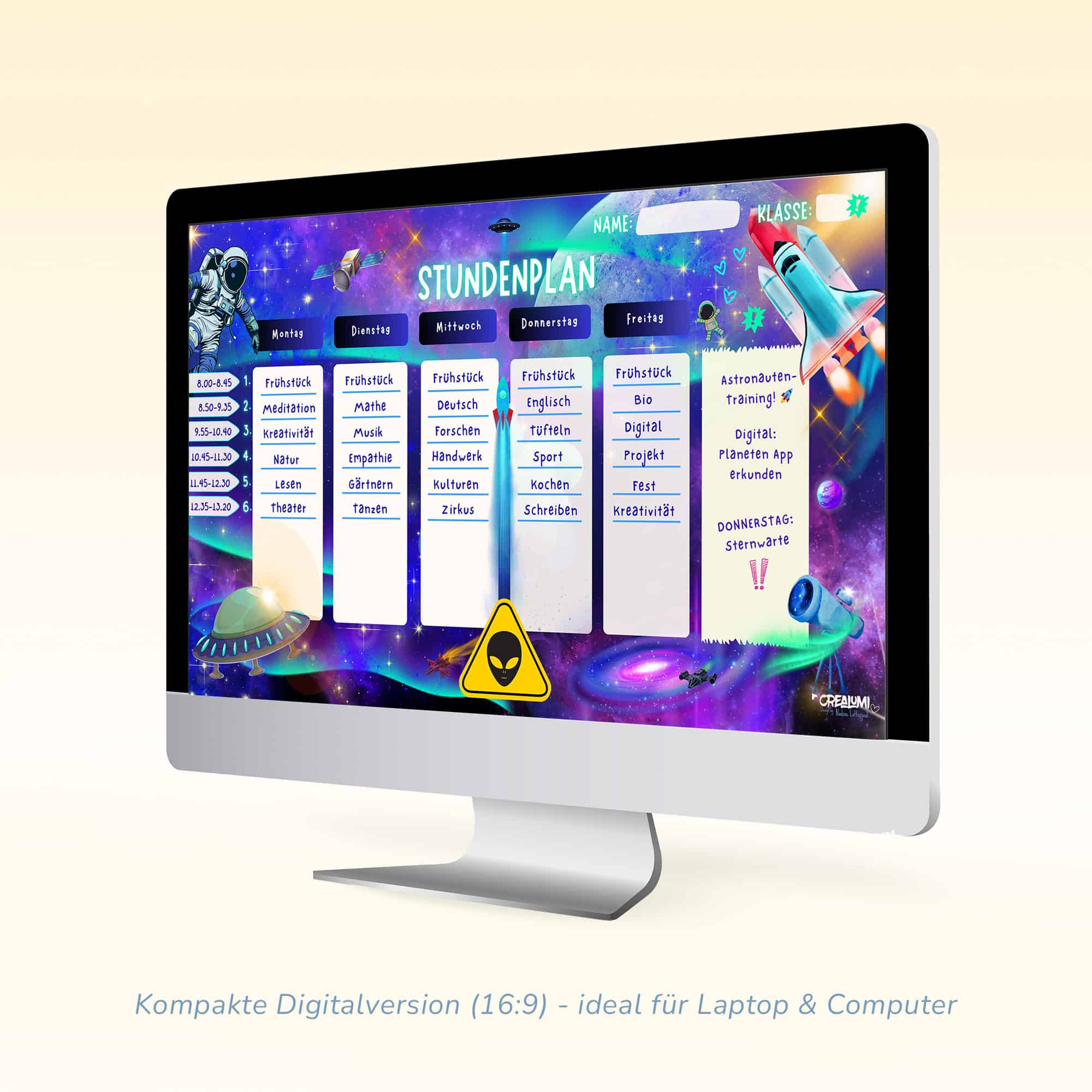 Orario spaziale per bambini come sfondo dello schermo in formato 16:9 — Crealumi Star Hunters