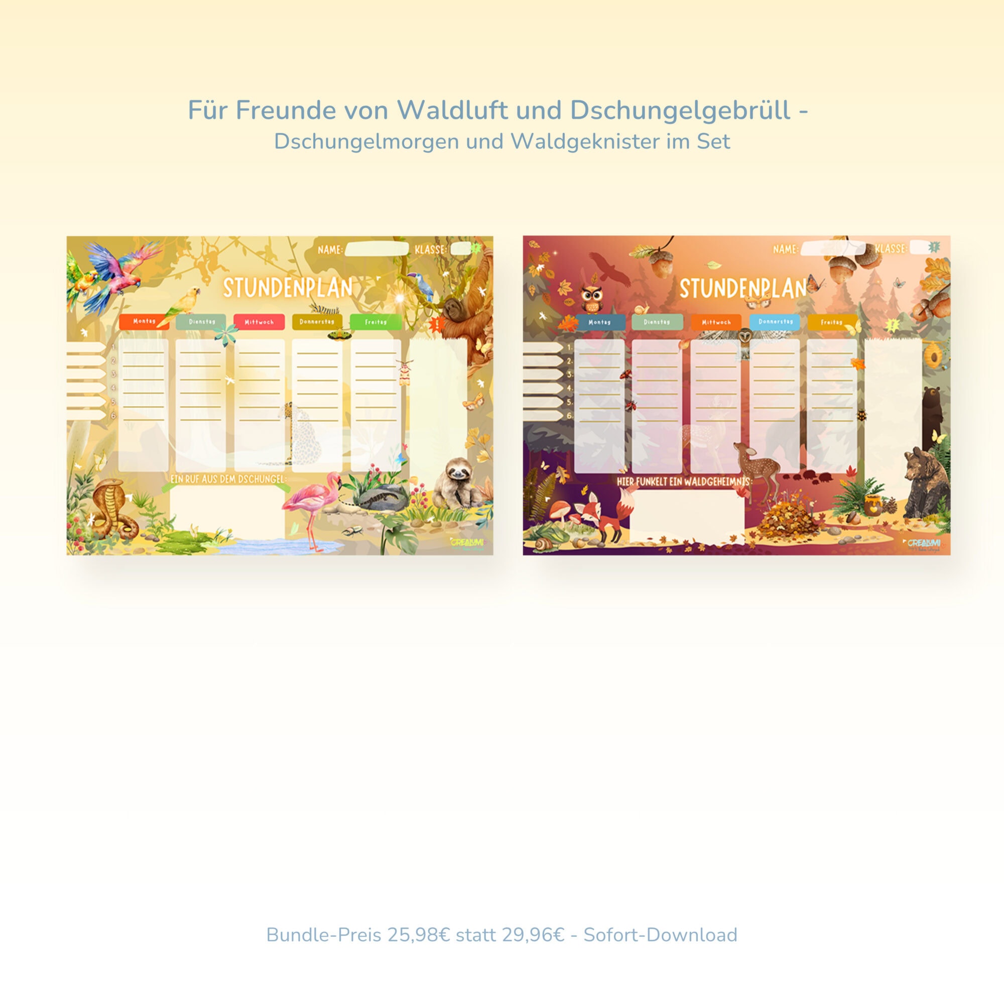 Stundenplan 2er-Freundschaftsset Dschungel und Waldfreunde für Kinder — Crealumi Dschungelmorgen und Waldgeknister