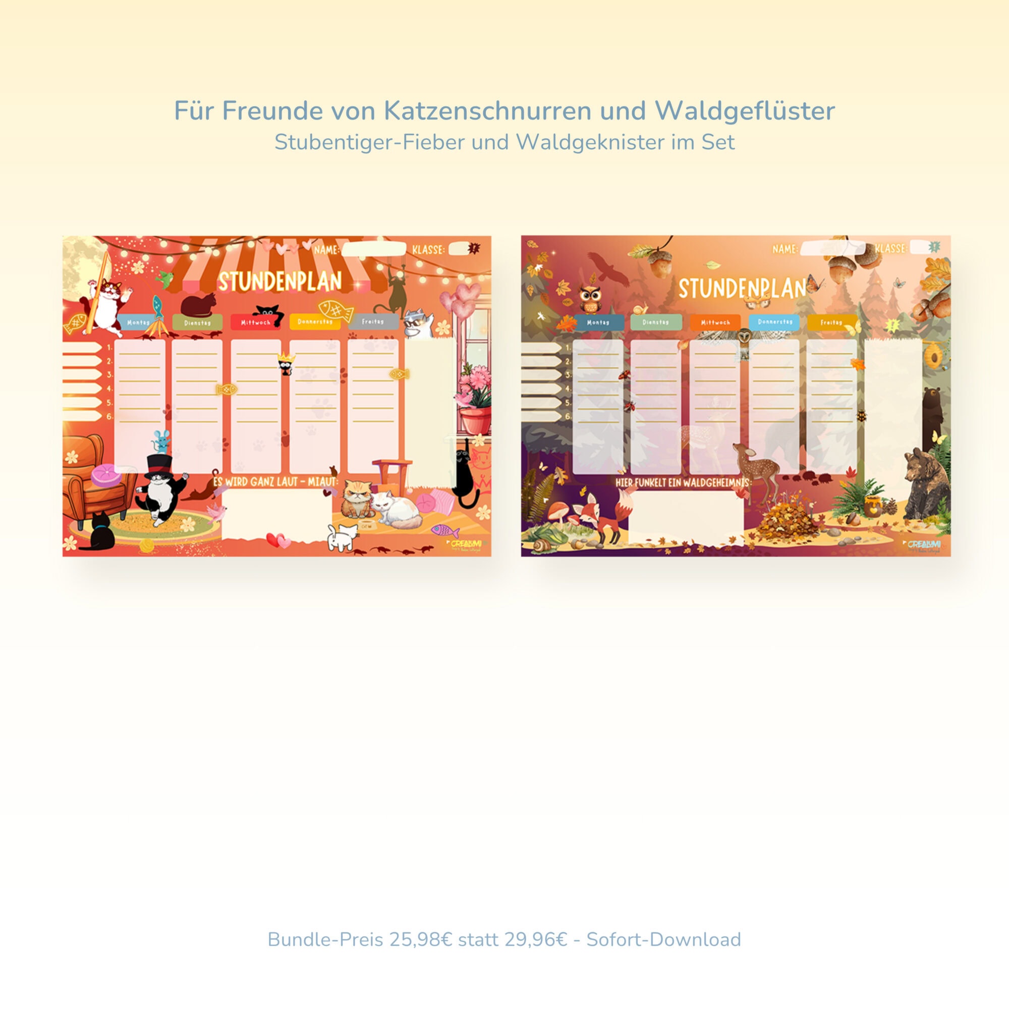 Stundenplan 2er-Freundschaftsset Katzen und Waldfreunde für Kinder — Crealumi Stubentiger-Fieber und Waldgeknister
