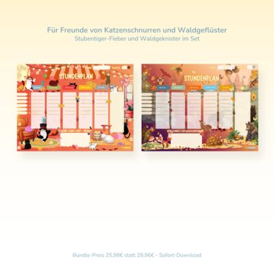 Horario: Set de amistad de 2 piezas Gatos y Amigos del Bosque para niños — Crealumi House Cat Fever y Forest Crinkles