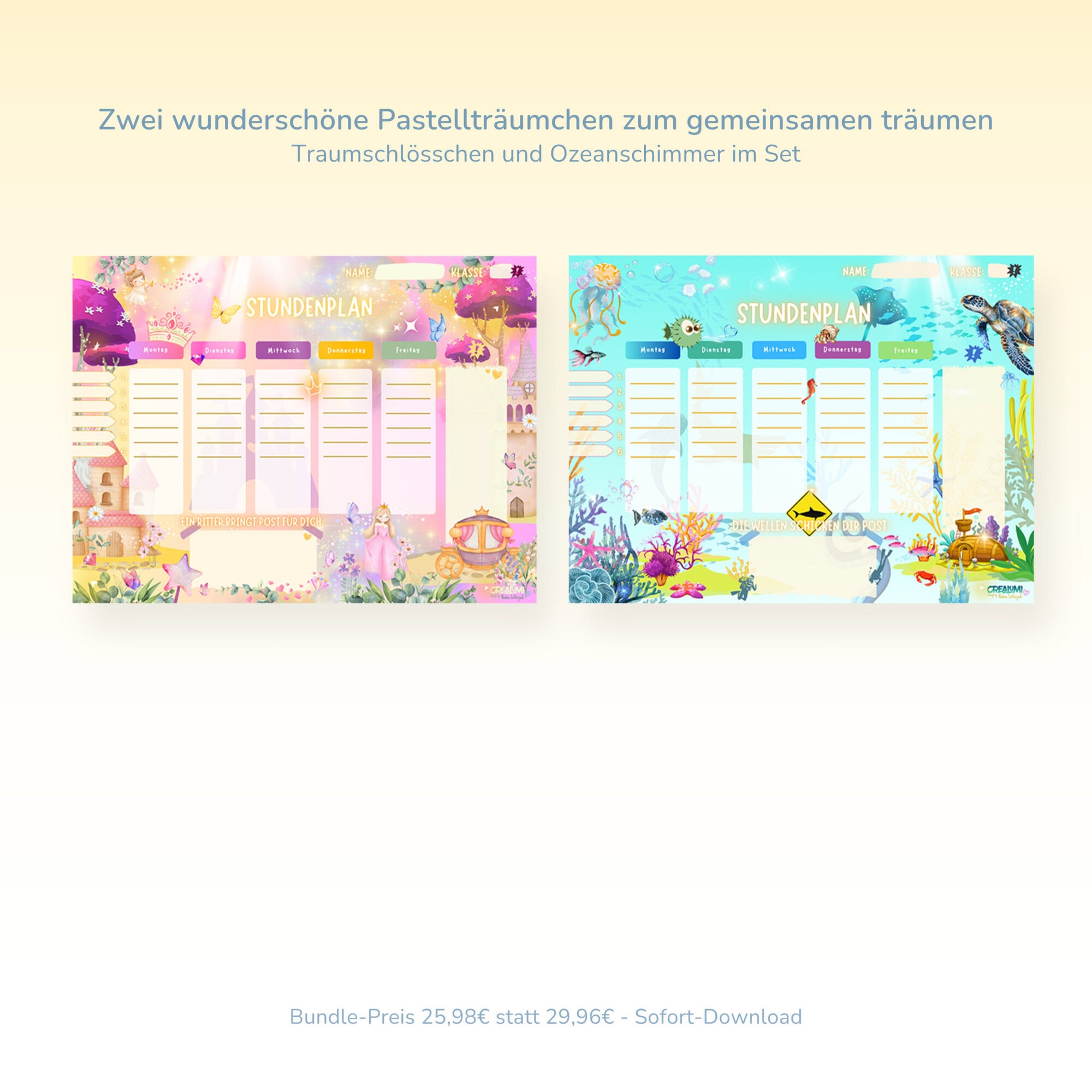 Stundenplan 2er-Freundschaftsset Prinzessin und Unterwasser für Kinder — Crealumi Traumschlösschen und Ozeanschimmer