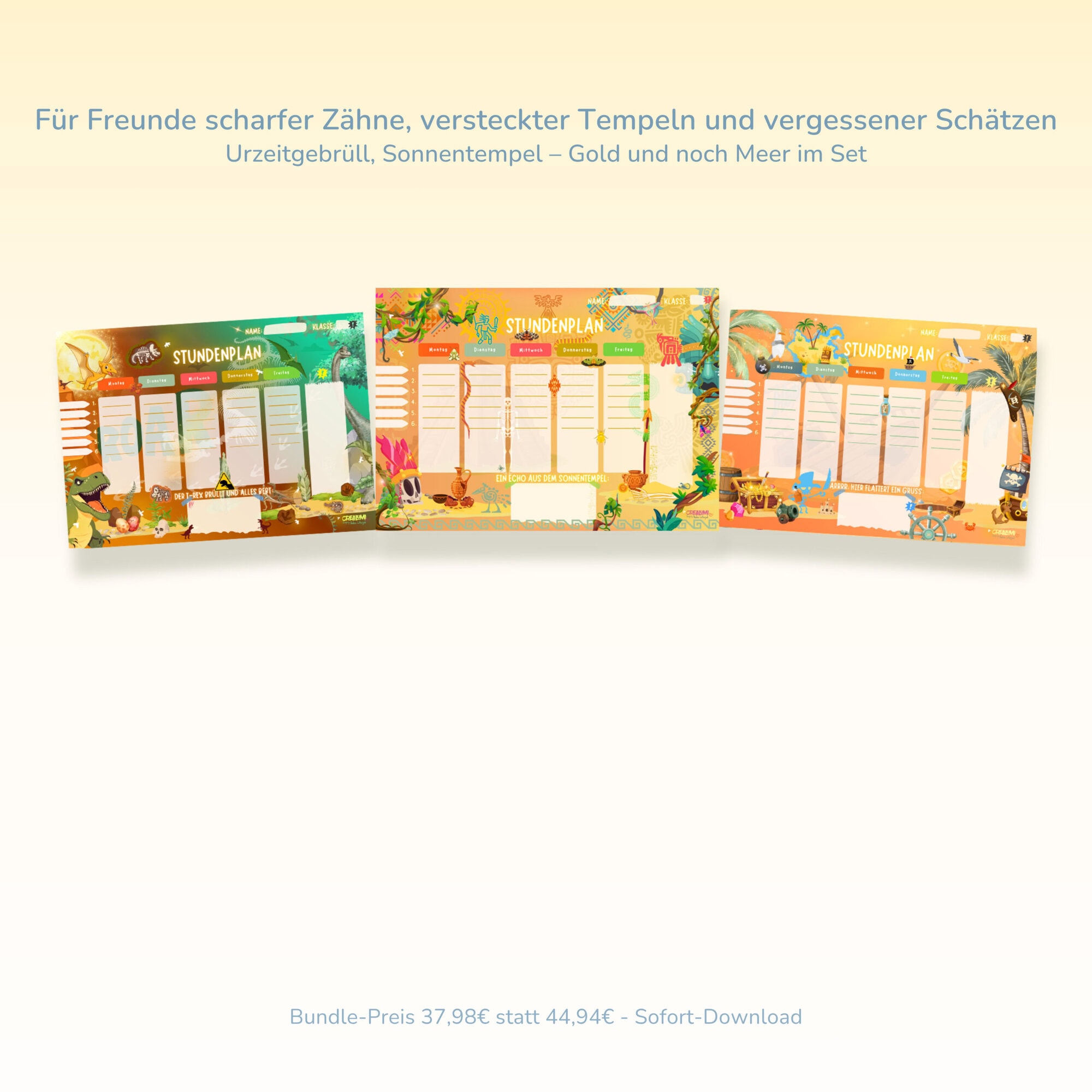 3er-Freundschaftsset Stundenpläne für Kinder — Urzeitgebrüll, Sonnentempel und Gold und noch Meer | Crealumi