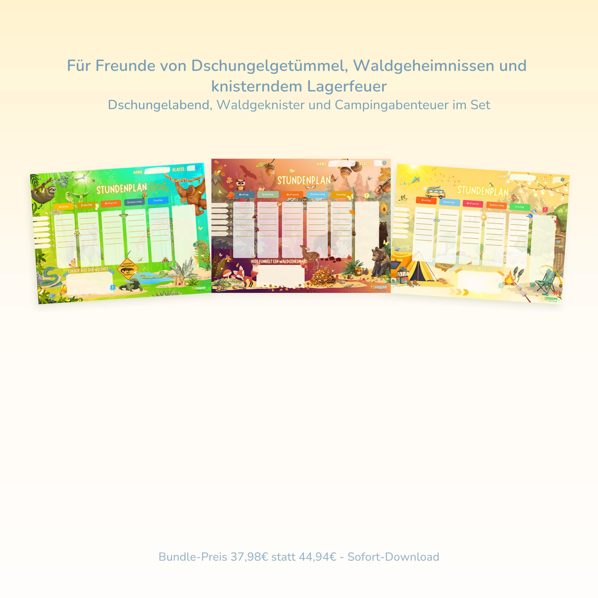 3er-Freundschaftsset Stundenpläne für Kinder — Dschungelabend, Waldgeknister und Campingabenteuer | Crealumi