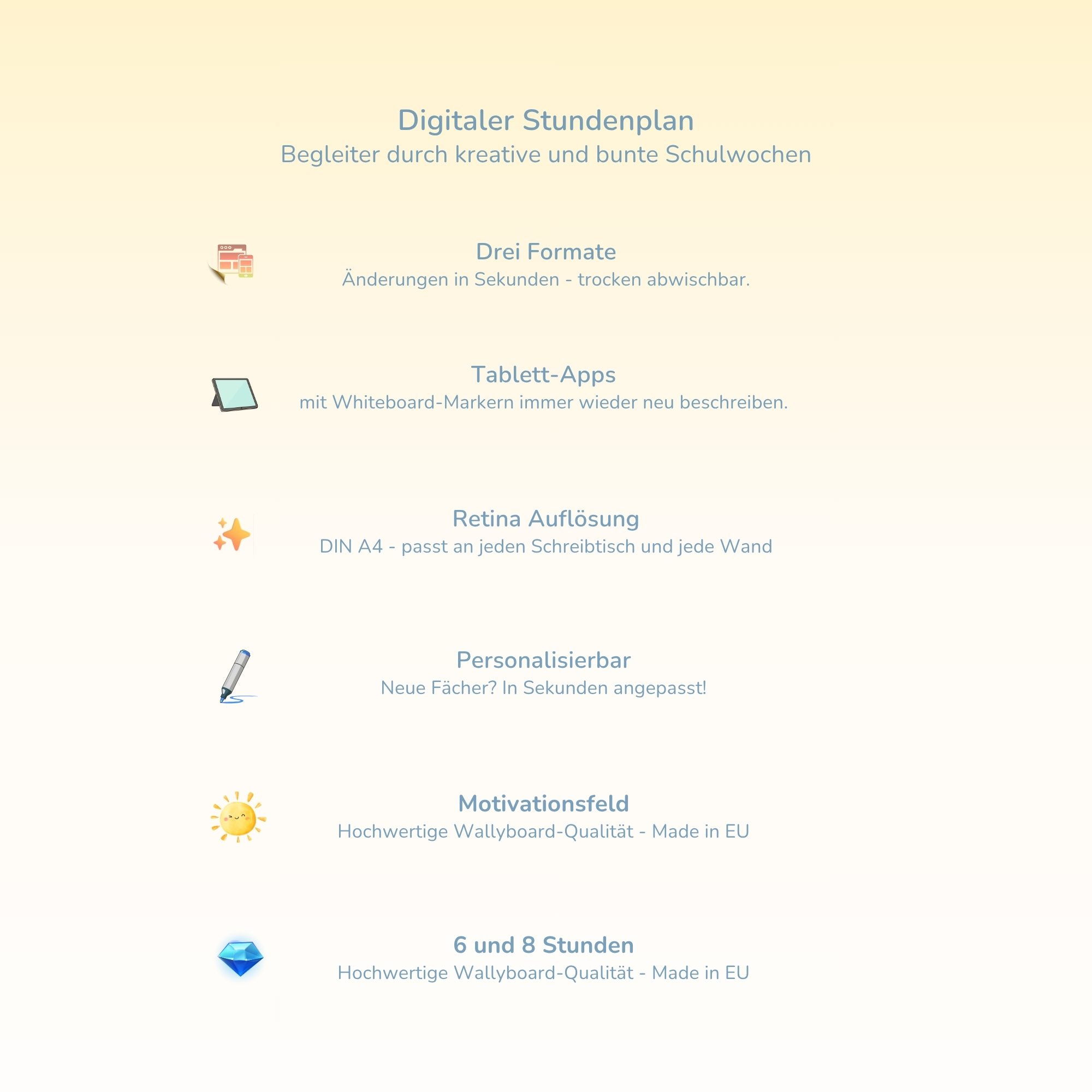 Übersicht aller Merkmale des digitalen Stundenplans von Crealumi für Kinder