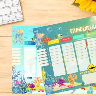 Set de amistad de 2 piezas con diseño de horario: Bajo el agua, a la luz del sol y de la luna, para niños, ideal para el escritorio. Crealumi Ocean Shimmer y Ocean Glimmer