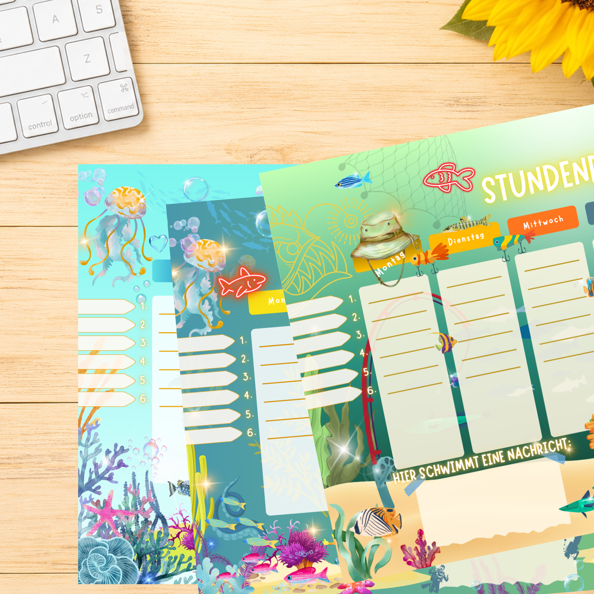 Set de amistad de 3 piezas con temática de horarios: Bajo el agua, a la luz del sol y de la luna, y pesca para niños (sobre el escritorio): Crealumi Ocean Shimmer, Ocean Glimmer y Angler's Luck