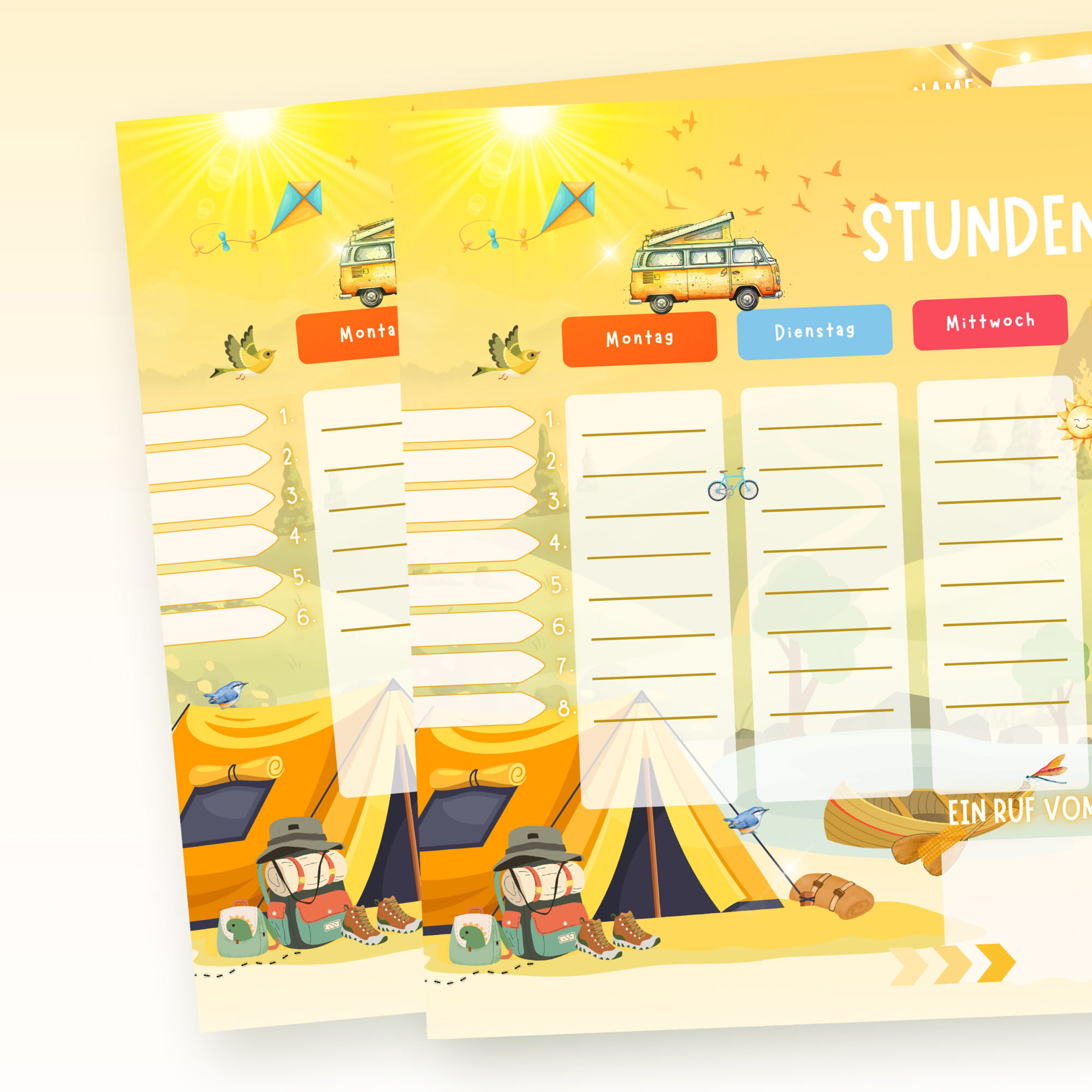 Stundenplan Camping für Kinder mit Auswahl 6 und 8 Schulstunden — Crealumi Campingabenteuer
