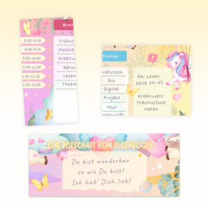 Stundenplan Einhörner für Kinder mit Zeit-, Motivations- und Nachrichtenfeld — Crealumi Regenbogenland