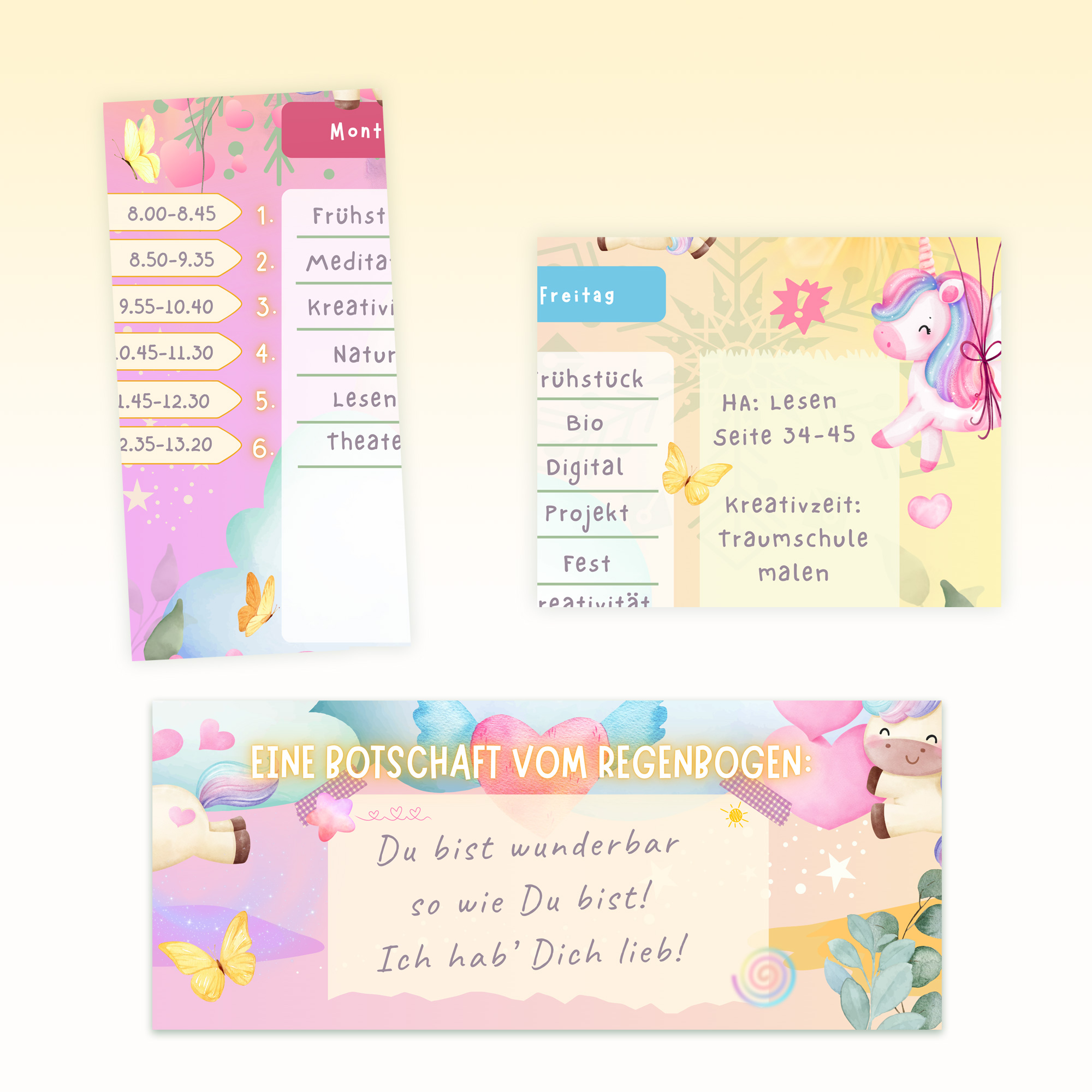 Stundenplan Einhörner für Kinder mit Zeit-, Motivations- und Nachrichtenfeld — Crealumi Regenbogenland