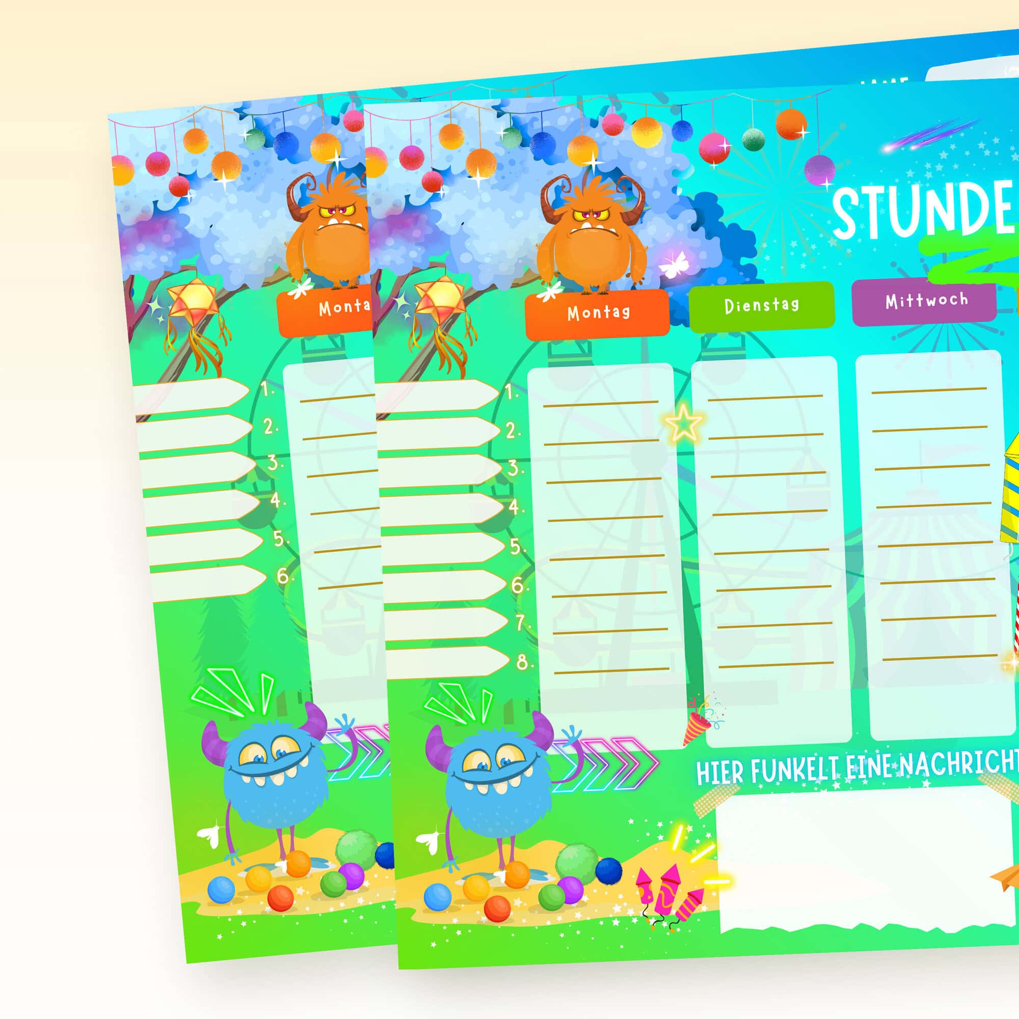 Stundenplan Monster für Kinder mit Auswahl 6 und 8 Schulstunden — Crealumi Monsterama