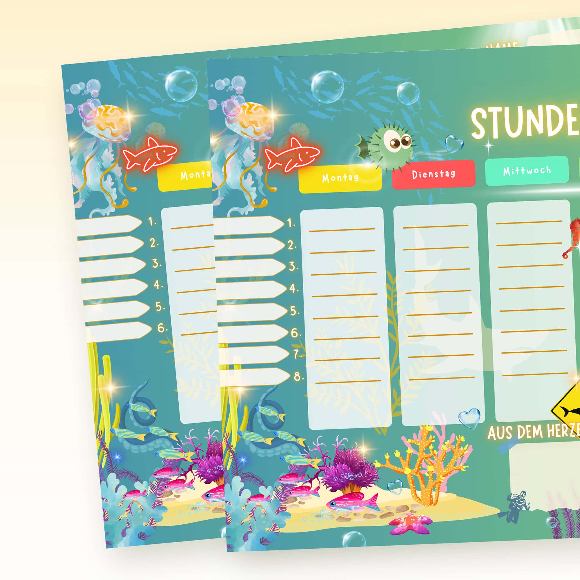 Stundenplan Unterwasser bei Mondschein für Kinder mit Auswahl 6 und 8 Schulstunden — Crealumi Ozeanglimmer