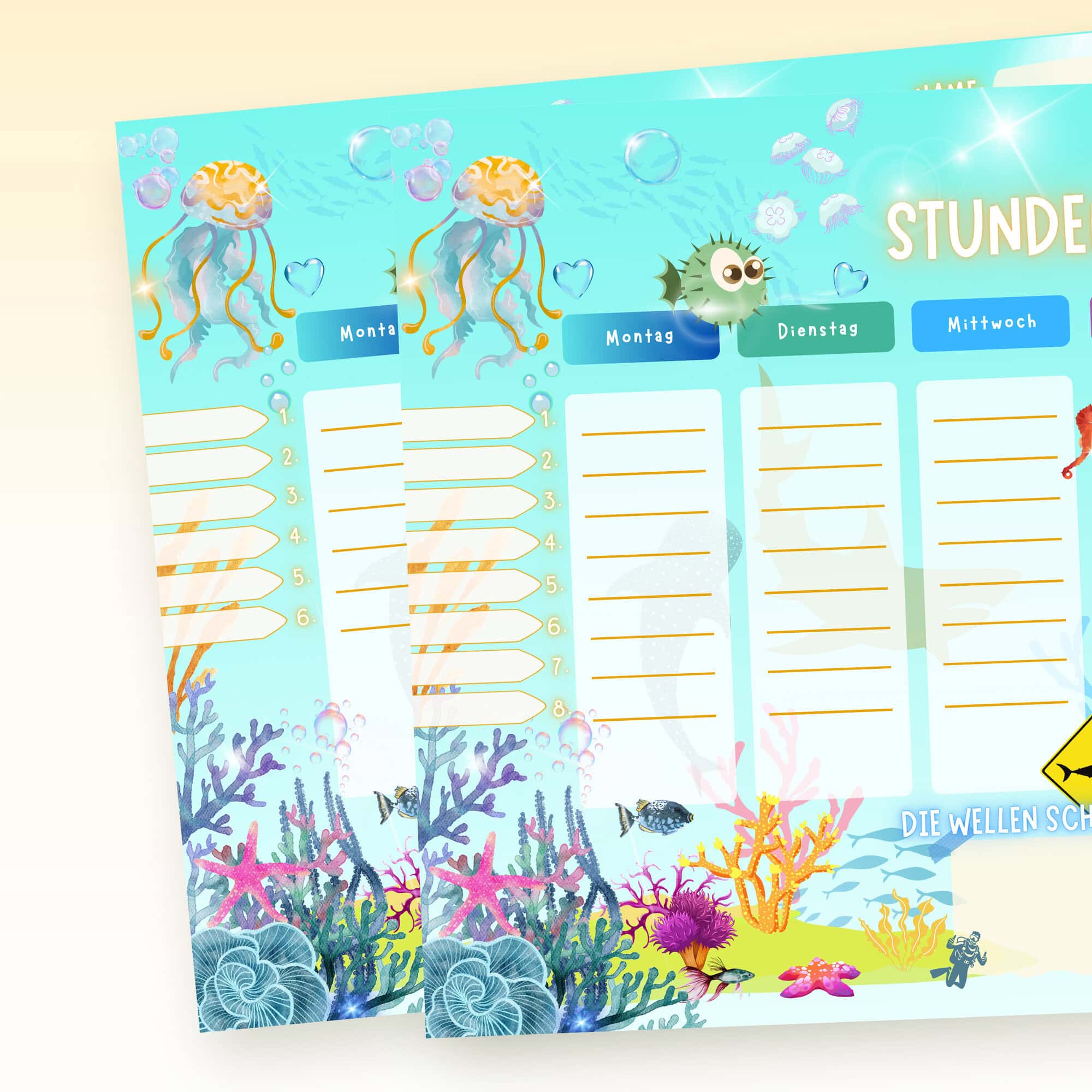 Stundenplan Unterwasser bei Sonnenschein für Kinder mit Auswahl 6 und 8 Schulstunden — Crealumi Ozeanschimmer