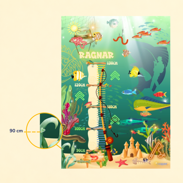 Cartello di crescita per bambini con design a tema pesca e gancio per appenderlo, adatto a bambini di altezza compresa tra 90 e 130 cm - Crealumi