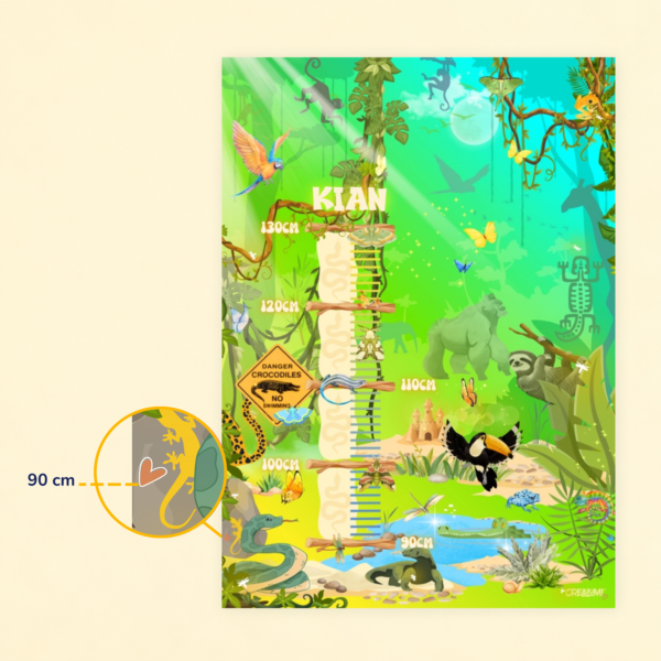 Poster di crescita per bambini con design al tramonto nella giungla, con gancio per appenderlo, per bambini da 90 a 130 cm - Crealumi