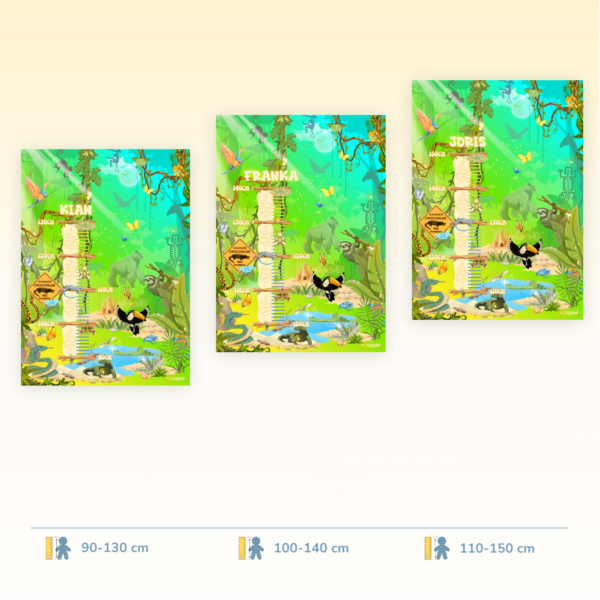 Poster di crescita per bambini con un design a tramonto nella giungla, disponibile in tre fasce di misurazione - Crealumi