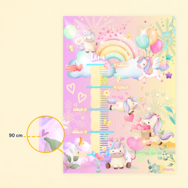 Poster di crescita a tema unicorno per bambini con gancio per appenderlo, adatto ad altezze comprese tra 90 e 130 cm - Crealumi
