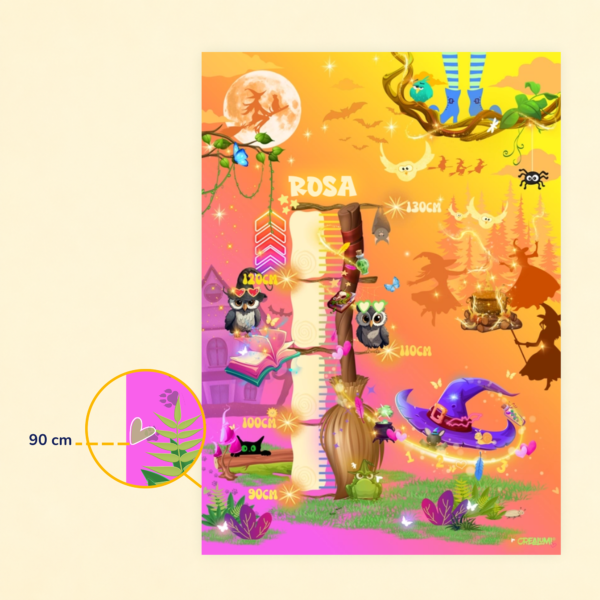 Poster di crescita per bambini con disegno di una strega e gancio per appenderlo, per altezze da 90 a 130 cm - Crealumi