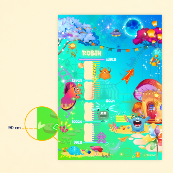 Poster di crescita per bambini con design a tema mostri e gancio per appenderlo, adatto ad altezze da 90 a 130 cm - Crealumi