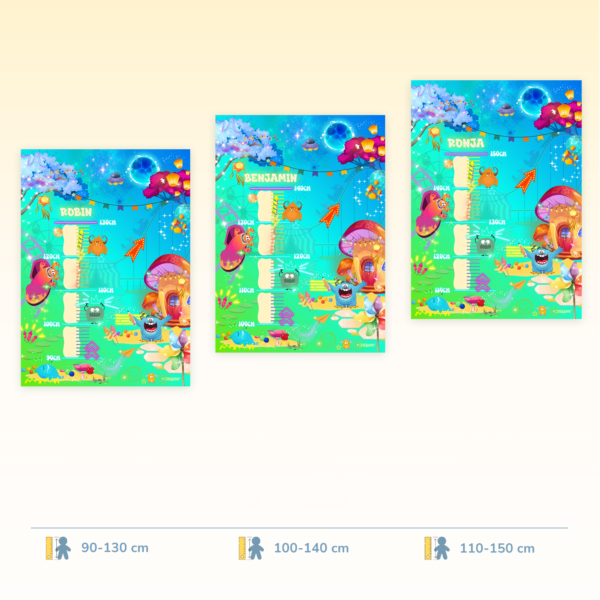 Cartellone di crescita per bambini con design a tema mostri, disponibile in tre misure da 90 a 150 cm - Crealumi
