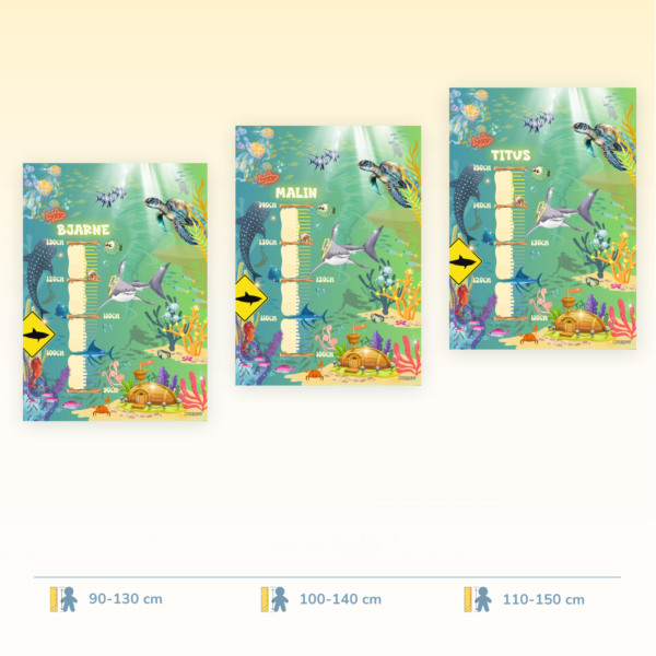 Poster di crescita per bambini con un design sottomarino al chiaro di luna, disponibile in tre fasce di misurazione - Crealumi