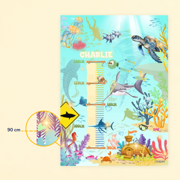 Poster di crescita per bambini con design sottomarino e sole, con gancio per appenderlo, adatto a bambini di altezza compresa tra 110 e 150 cm - Crealumi