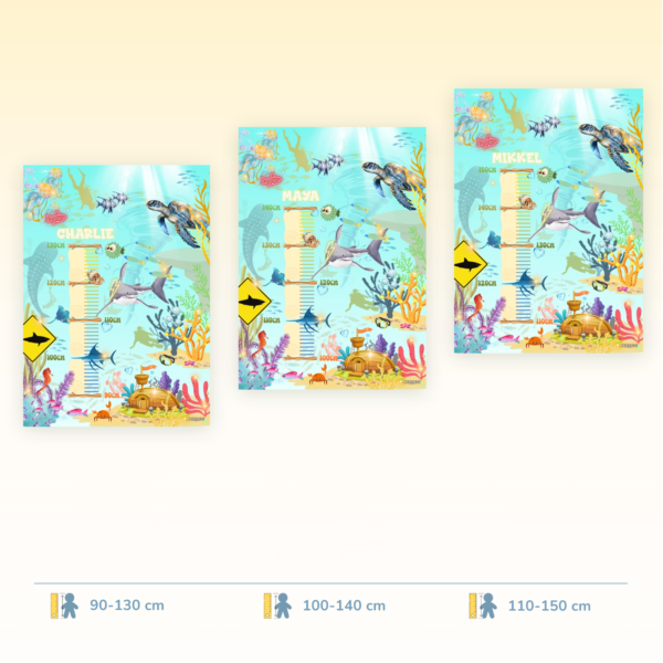 Poster di crescita per bambini con un design sottomarino a tema sole, disponibile in tre fasce di misurazione - Crealumi