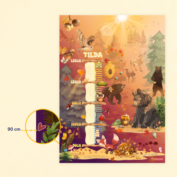 Affiche de croissance pour enfants, motif amis de la forêt, avec système d'accrochage pour une hauteur de 90 à 130 cm - Crealumi