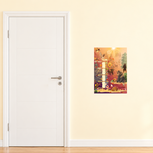 Affiche de croissance pour enfants, avec un motif d'amis de la forêt près d'une porte pour comparaison de tailles - Crealumi