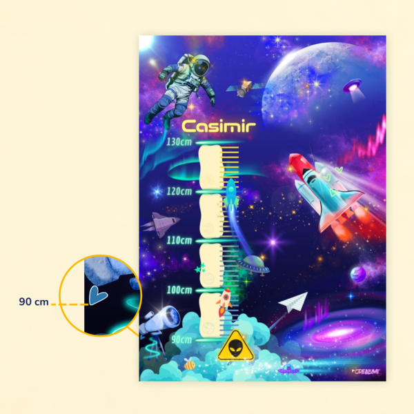 Poster di crescita per bambini con design spaziale e gancio per appenderlo, adatto a bambini di altezza compresa tra 90 e 130 cm - Crealumi